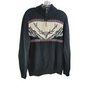 CHAPS Sweater Deer Stag Buck 1/4 Zip Pullover Christmas LARGE